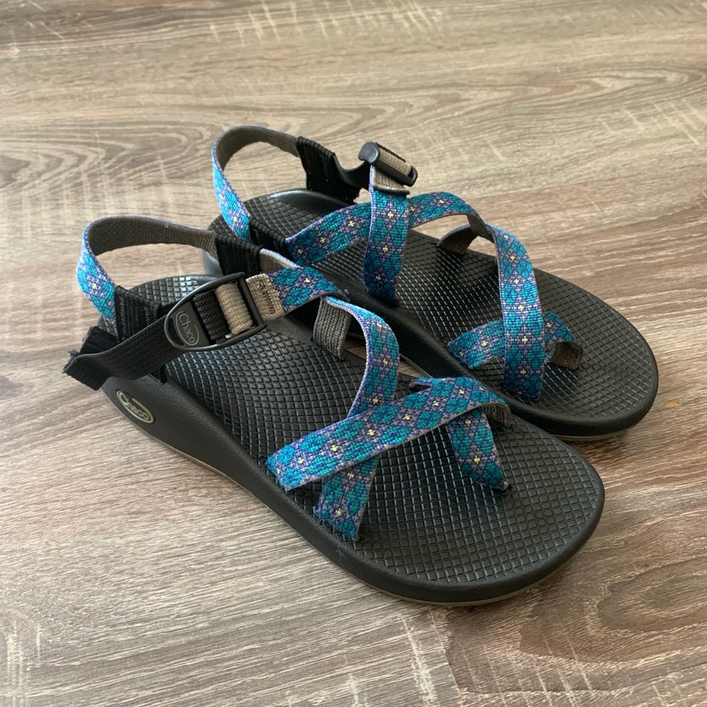 Chaco — women’s size 9 single adjustable strap sandal with blue, green, yellow